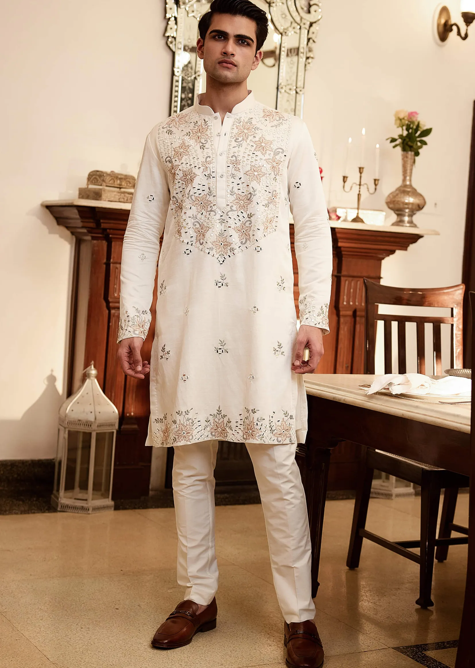White Embroidered Mirror Work Kurta Set For Men
