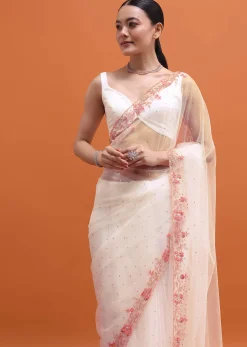 White Embroidered Net Saree In Sequin With Unstitched Blouse