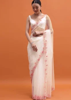 White Embroidered Net Saree In Sequin With Unstitched Blouse