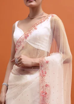 White Embroidered Net Saree In Sequin With Unstitched Blouse