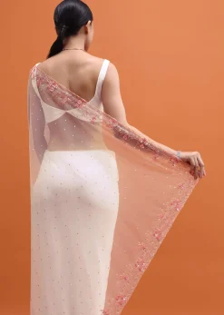 White Embroidered Net Saree In Sequin With Unstitched Blouse