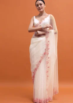 White Embroidered Net Saree In Sequin With Unstitched Blouse