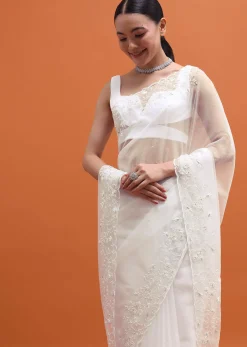 White Embroidered Organza Saree