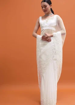 White Embroidered Organza Saree
