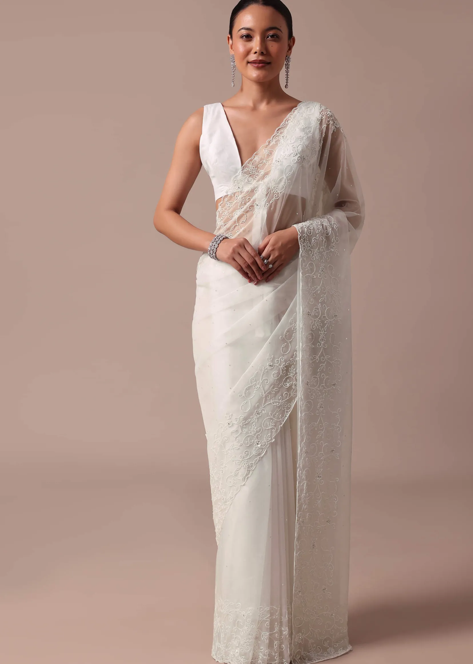 White Embroidered Organza Saree With Unstitched Blouse