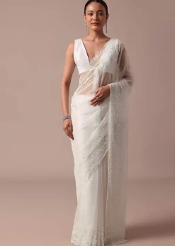 White Embroidered Organza Saree With Unstitched Blouse