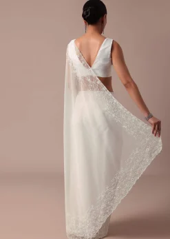 White Embroidered Organza Saree With Unstitched Blouse