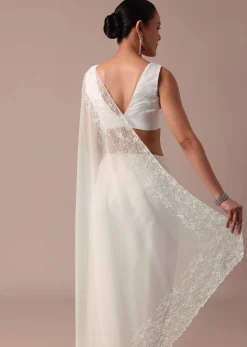 White Embroidered Organza Saree With Unstitched Blouse