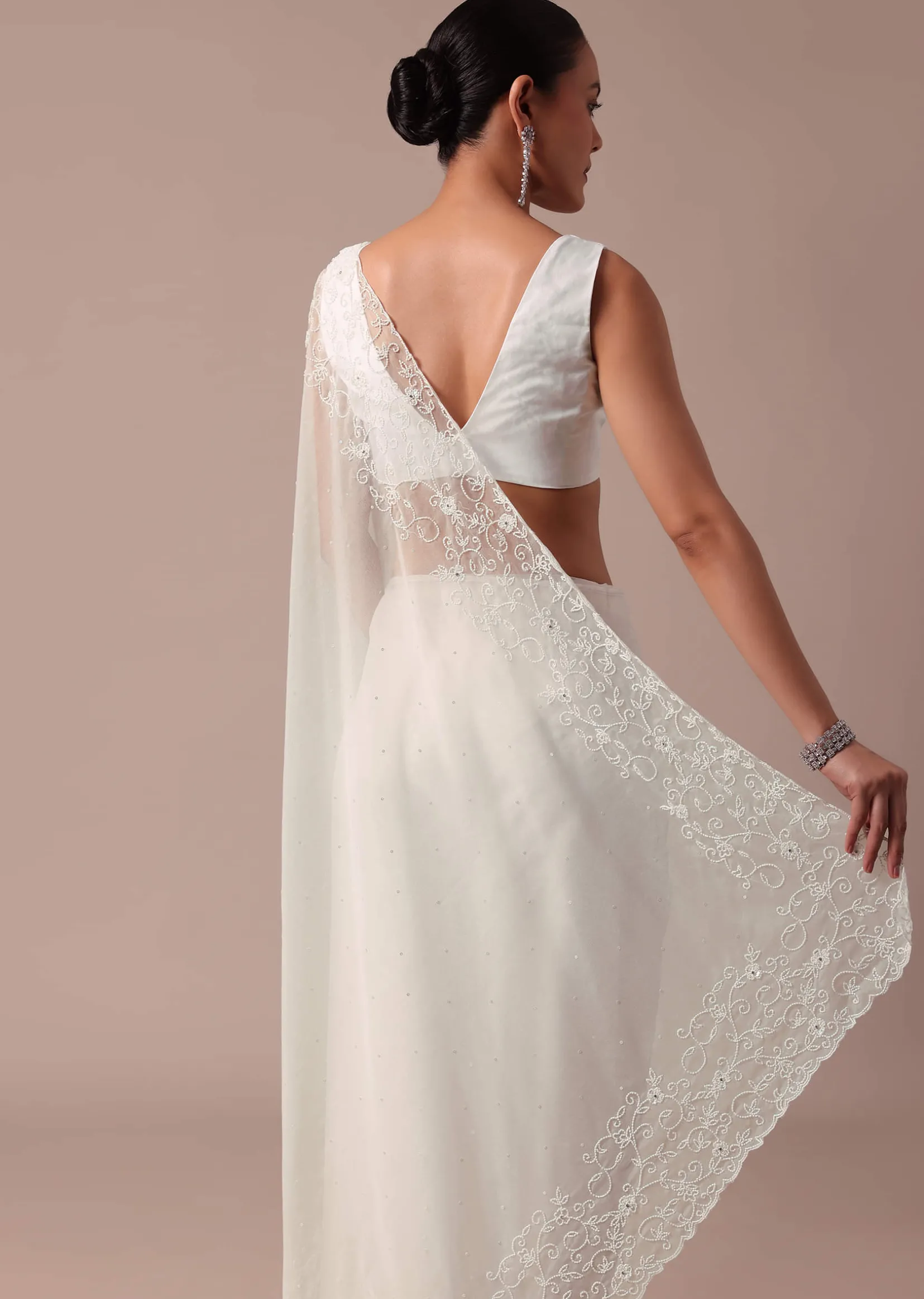 White Embroidered Organza Saree With Unstitched Blouse