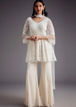 White Embroidered Peplum Kurta With Palazzo And Net Dupatta
