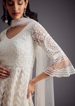 White Embroidered Peplum Kurta With Palazzo And Net Dupatta