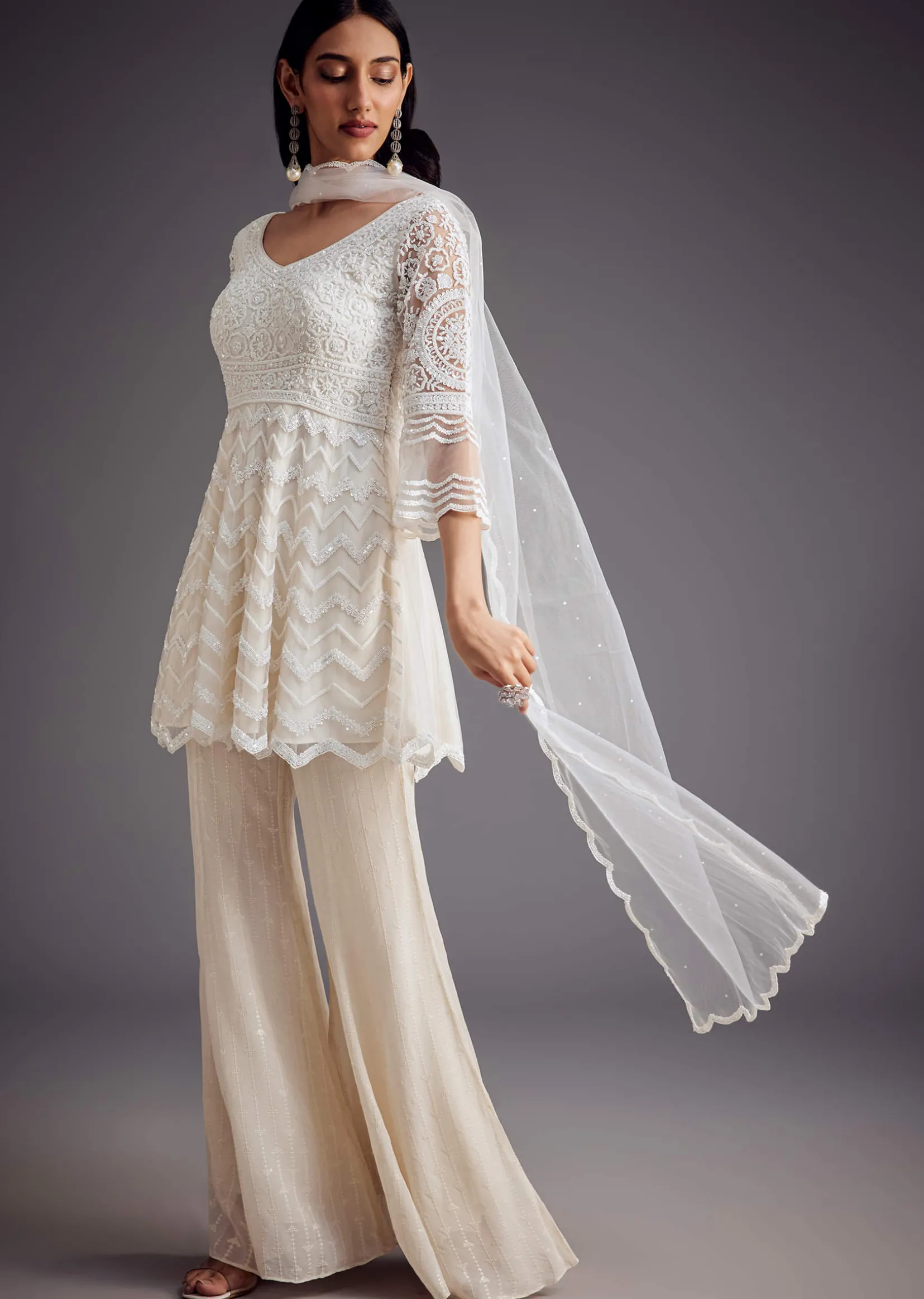 White Embroidered Peplum Kurta With Palazzo And Net Dupatta