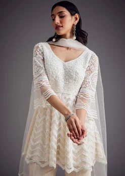 White Embroidered Peplum Kurta With Palazzo And Net Dupatta