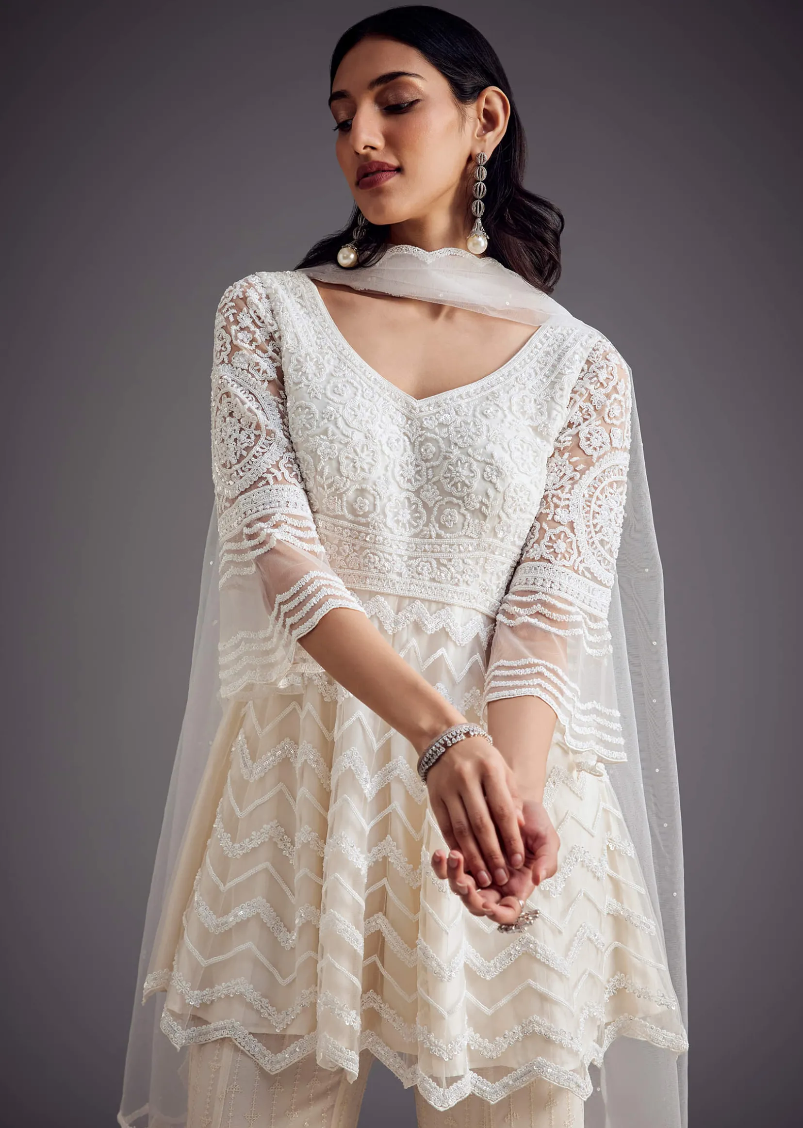 White Embroidered Peplum Kurta With Palazzo And Net Dupatta