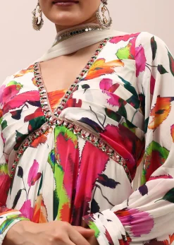 White Embroidered Silk Kurta Set With Dupatta