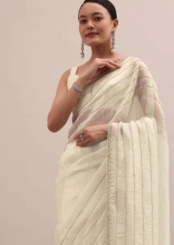 White Embroidered Tissue Saree With Unstitched Blouse