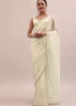 White Embroidered Tissue Saree With Unstitched Blouse