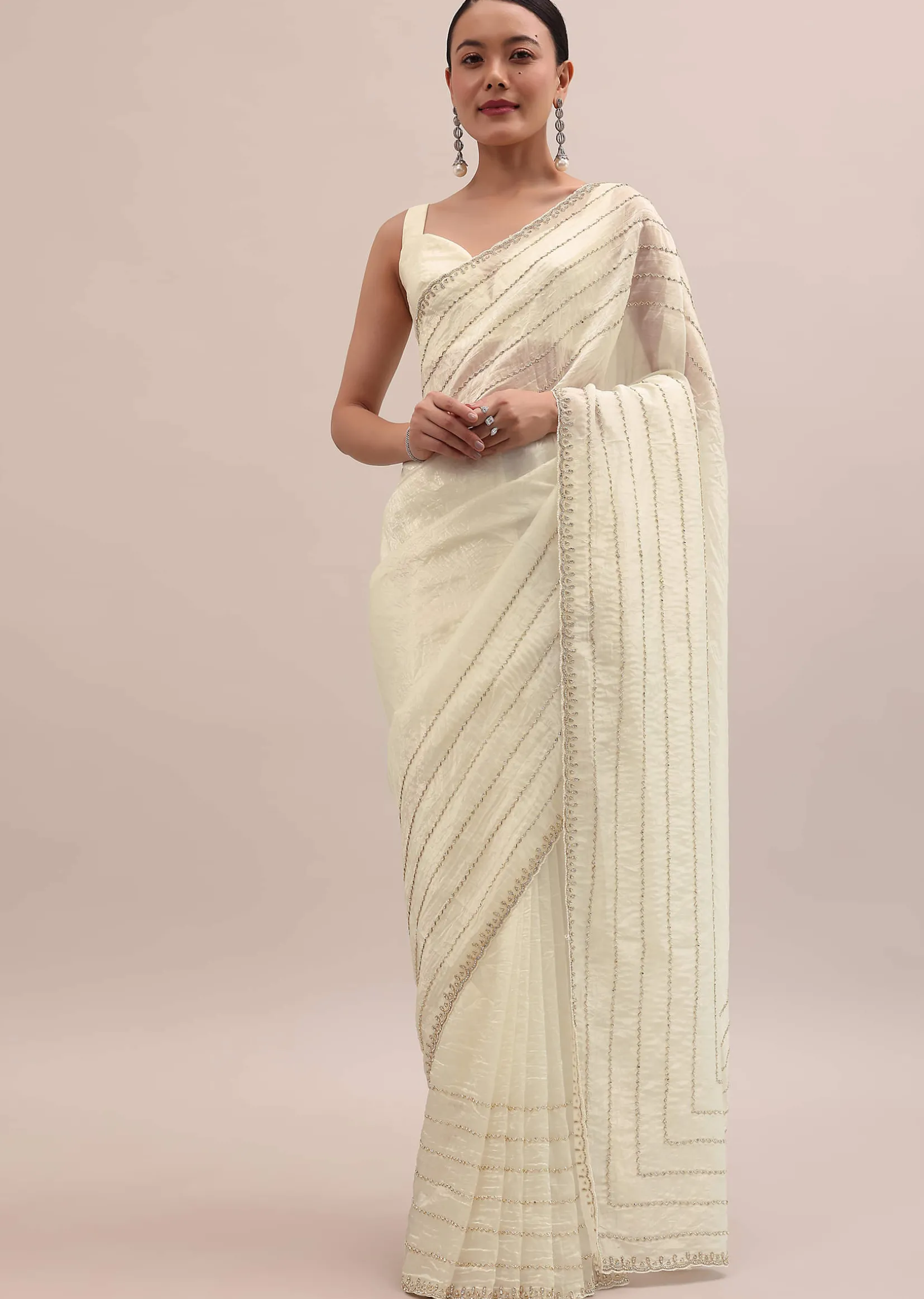 White Embroidered Tissue Saree With Unstitched Blouse