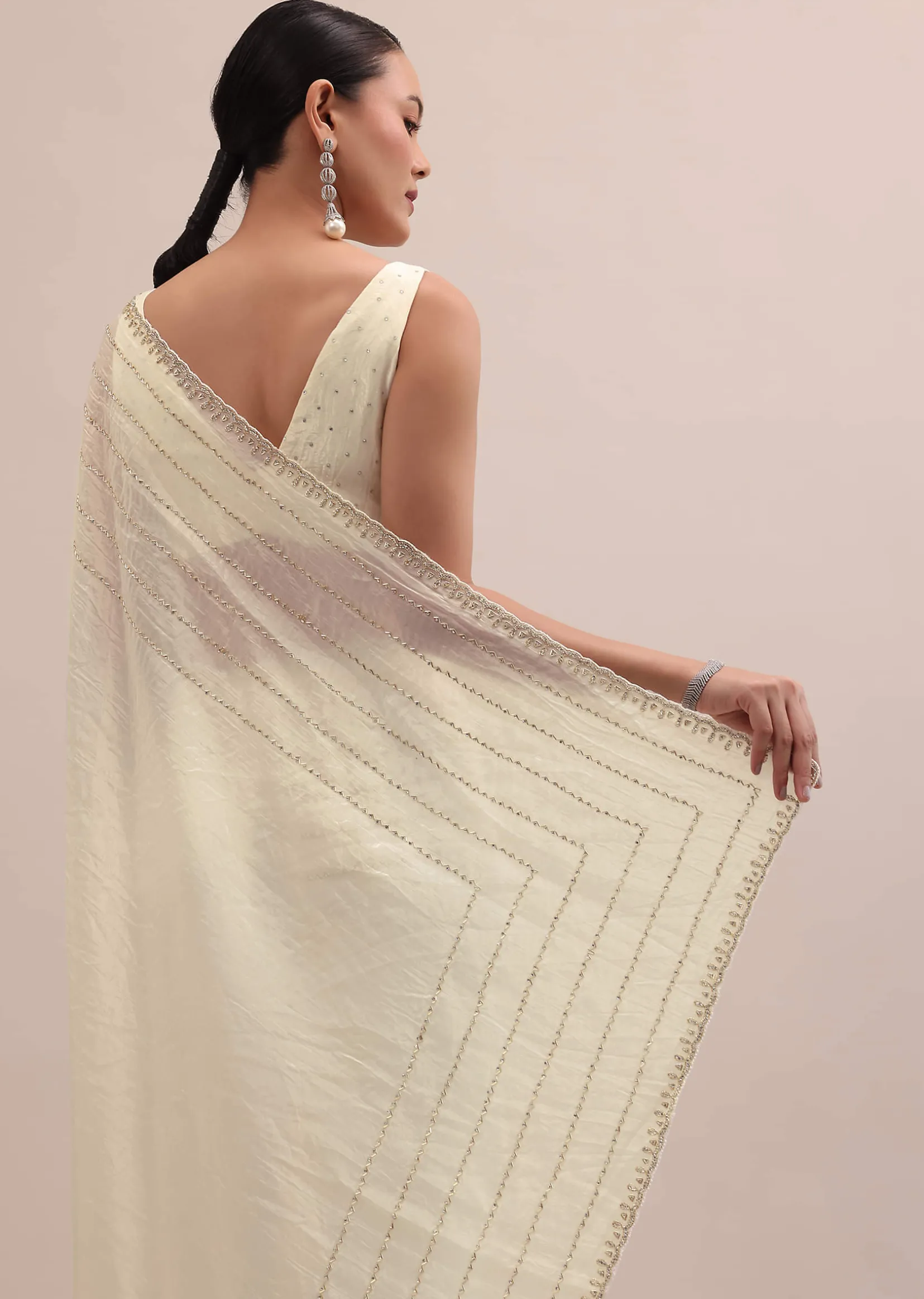 White Embroidered Tissue Saree With Unstitched Blouse