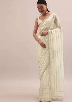 White Embroidered Tissue Saree With Unstitched Blouse