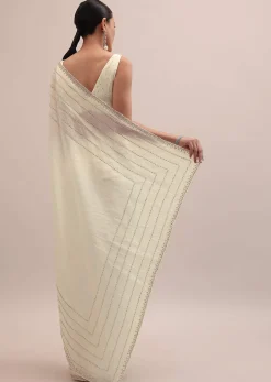 White Embroidered Tissue Saree With Unstitched Blouse