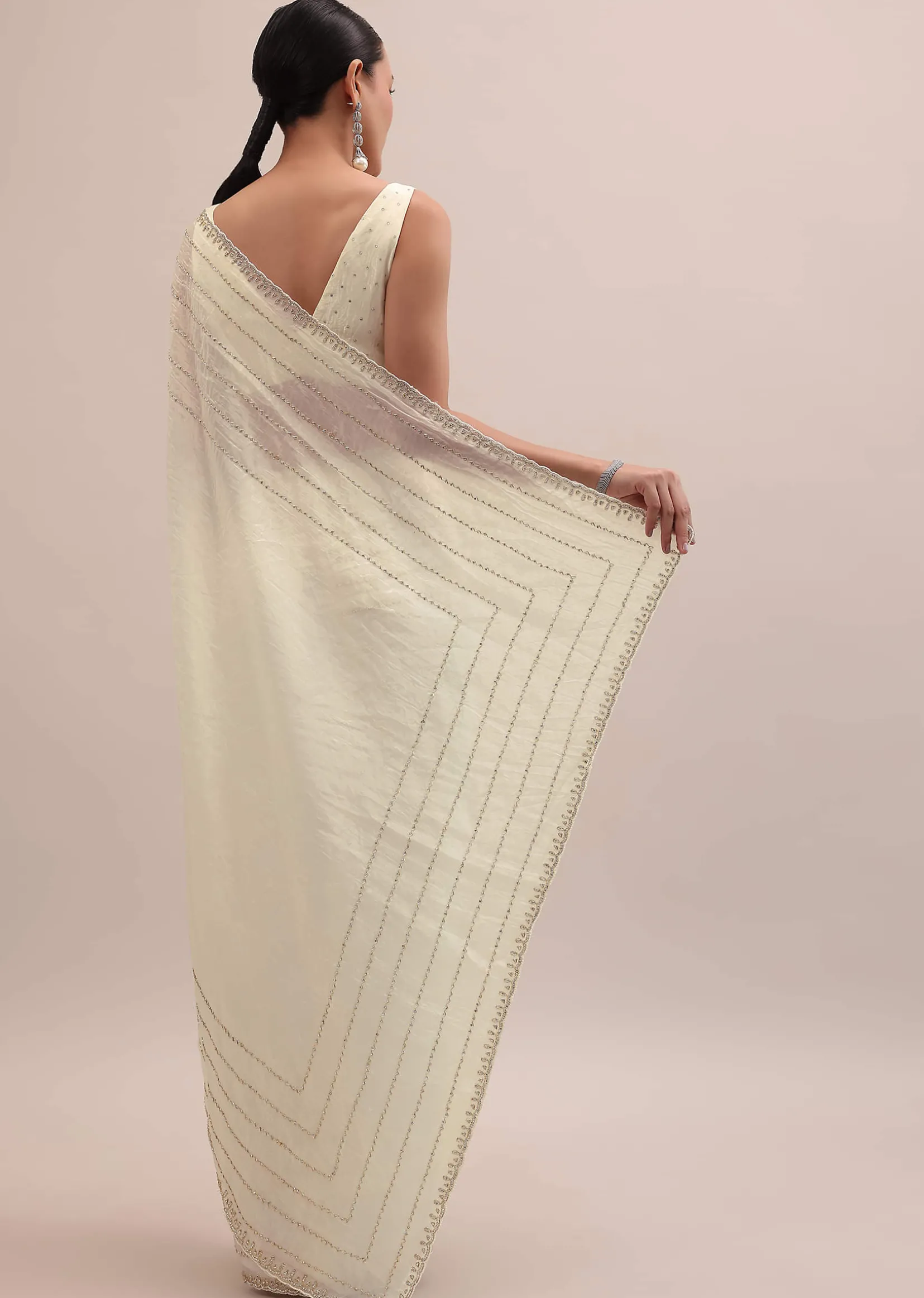White Embroidered Tissue Saree With Unstitched Blouse