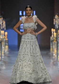White Feather Blouse And Bridal Lehenga Set In Art Silk