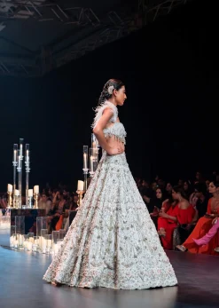 White Feather Blouse And Bridal Lehenga Set In Art Silk