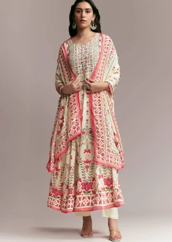 White Floral Printed Anarkali Set