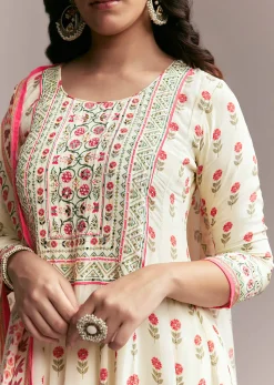 White Floral Printed Anarkali Set