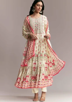 White Floral Printed Anarkali Set