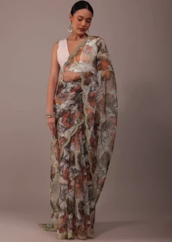 White Floral Printed Saree In Organza With Cut Dana Embroidery
