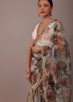 White Floral Printed Saree In Organza With Cut Dana Embroidery