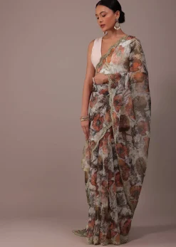 White Floral Printed Saree In Organza With Cut Dana Embroidery