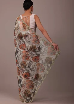 White Floral Printed Saree In Organza With Cut Dana Embroidery
