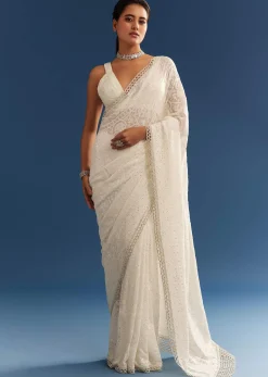 White Georgette Chikankari Embroidered Saree