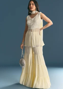 White Georgette Peplum Kurta Sharara Set With Beads And Sequins
