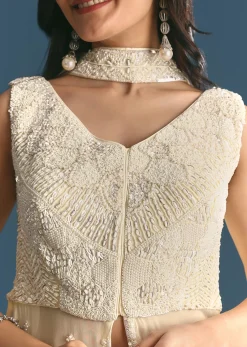 White Georgette Peplum Kurta Sharara Set With Beads And Sequins
