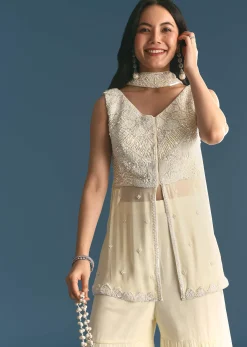 White Georgette Peplum Kurta Sharara Set With Beads And Sequins