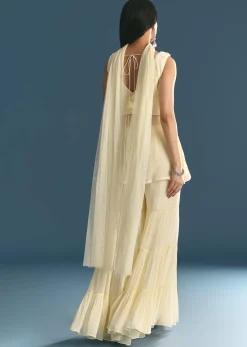 White Georgette Peplum Kurta Sharara Set With Beads And Sequins