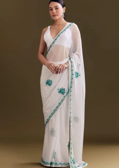 White Georgette Saree With Traditional Kashmiri Buds