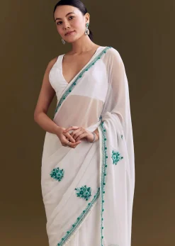 White Georgette Saree With Traditional Kashmiri Buds