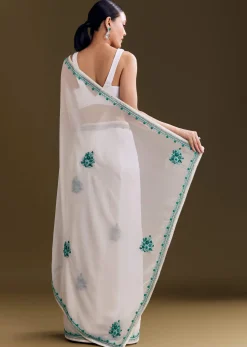 White Georgette Saree With Traditional Kashmiri Buds