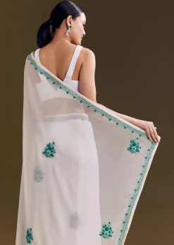 White Georgette Saree With Traditional Kashmiri Buds