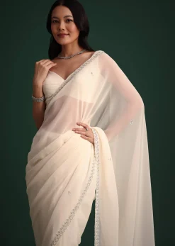 White Georgette Saree With Cutdana Embroidered Saree