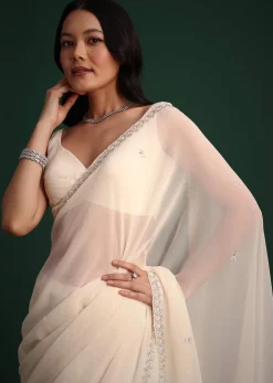 White Georgette Saree With Cutdana Embroidered Saree
