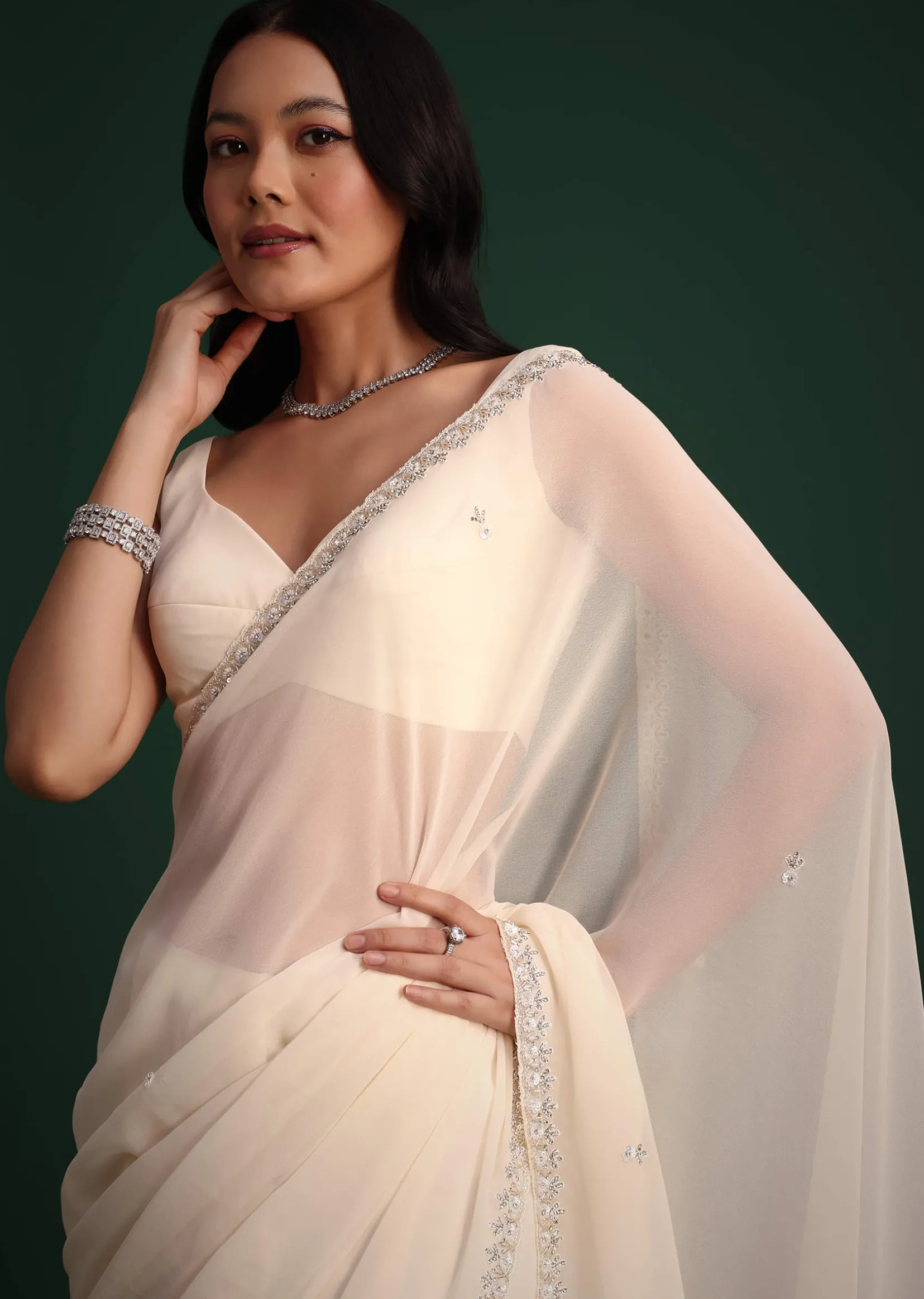 White Georgette Saree With Cutdana Embroidered Saree