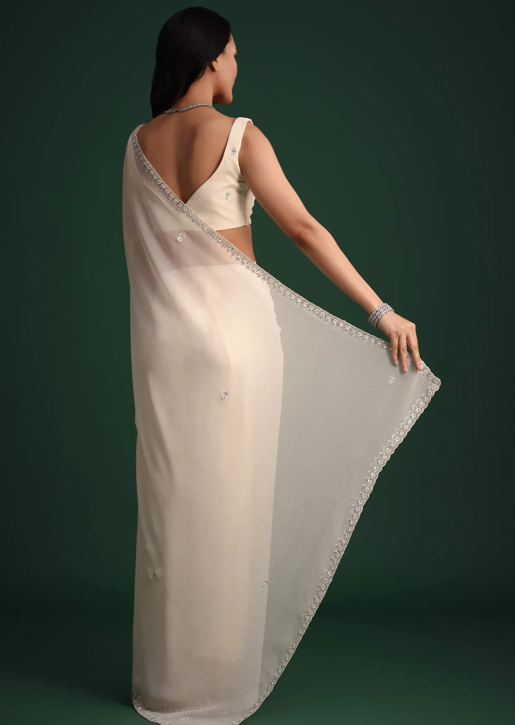 White Georgette Saree With Cutdana Embroidered Saree