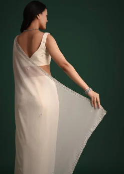 White Georgette Saree With Cutdana Embroidered Saree
