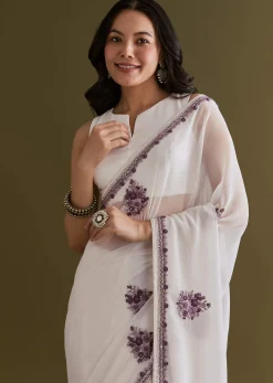 White Georgette Saree With Kashmiri Bud Embroidery